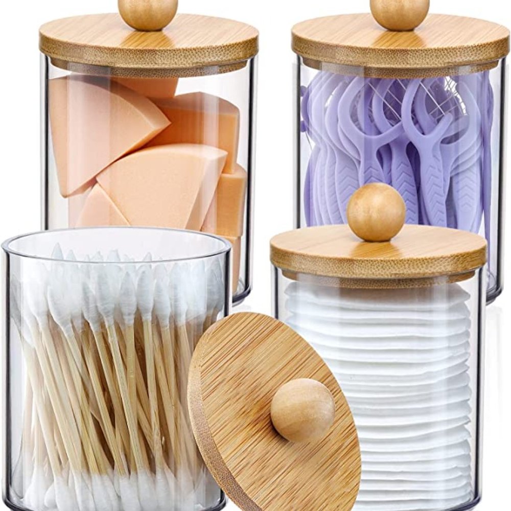 4 Pack Qtip Holder Dispenser with Bamboo Lids - 10 oz Clear Plastic Jar